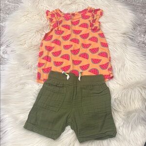 Bundle🛍️Girls Watermelon Ruffle Sleeve Tank & Olive green comfy Shorts Set 3T